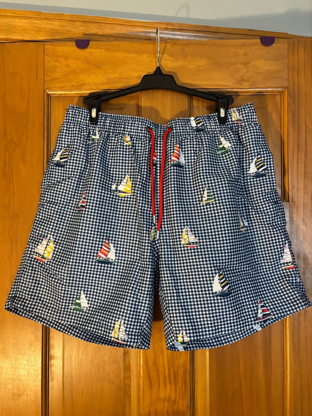 Navy Gingham Sailboat-Print Swim Trunks with Red Drawstring